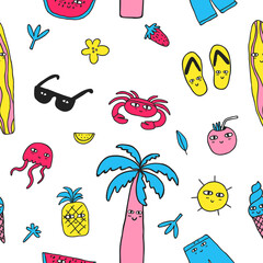 Fun multicolored seamless pattern with palm tree, crab, sunglasses, shorts, fruits. Funny summer background. Doodle drawing isolated on white. Backdrop design for textile. Stock vector illustration