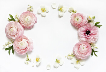 Floral wreath frame on a light background. Pink pink, lily of the valley and jasmine.