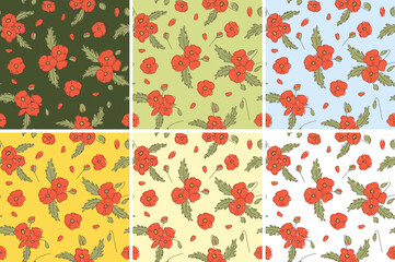 Poppy flower vector childish seamless textile pattern set, floral pattern, red flowers. 6 backgrounds - dark green, light green, light blue, yellow, light yellow, white.