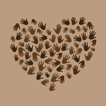 Many Hands In Heart Shape On Brown Background. Black Lives Matter. New Movement On The Rise, Interracial Community Unity. Protests Against Racism In America. Modern Vector In Flat Style