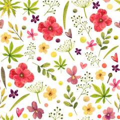 Watercolor seamless pattern with hand-drawn poppies, daisies flowers, wild plants. Watercolor summer background with flowers, hearts,herbs and leaves