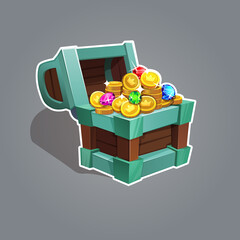 Receiving the cartoon treasure. Cartoon chest set with coin and rhinestone for game interface Vector illustration.