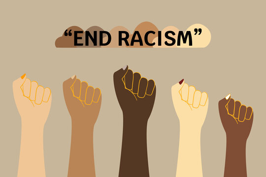 Racism banner. End racism concept with fisted hands. Racial discrimination problem.