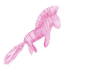 Watercolor hand draw illustration of knitting toy pink horse. Knitting and Crochet. Watercolor isolated on white background.