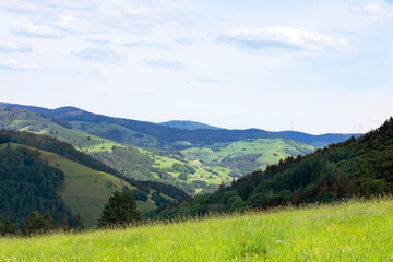 Fototapeta na wymiar Idyllic landscape, view on Schwarzwald mountains, springtime. Hills with the valley, meadows and forest. Black Forest panorama. Germany