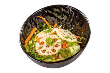 Delicious Lotus root salad with lettuce, carrots, and sesame in a black bowl, isolated on white background