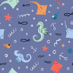 Cute vector seamless pattern on isolated background with sea and ocean inhabitant like fish and electric stingray. - obrazy, fototapety, plakaty