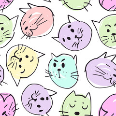 Cute seamless hand drawn vector pattern with cats in various mood muzzles on isolated background.