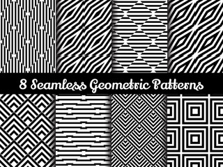 collection of black and white geometric seamless pattern. 8 seamless pattern set vector illustration