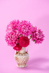 Beautiful bouquet of red flowers asters in a ceramic jug on a pink background