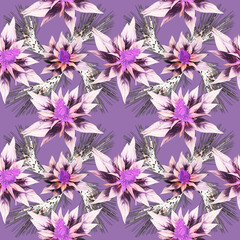 Tropical flowers with fir, seamless pattern.
