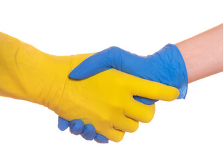 Shaking hands, safe contact. Two human palms in rubber protective gloves, close up, isolated on white.