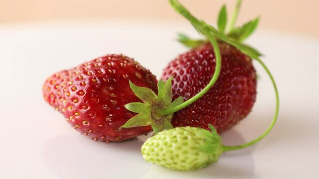Ripe raw fresh strawberry on a white background close up, rotating in circle. 