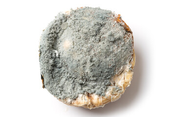 Moldy organic food on white. Improper storage of products, excessive stocks lead to spoilage of food. Close up.