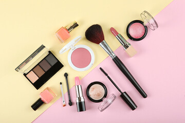 professional makeup tools. Makeup products on plain background top view. A set of various items for makeup.