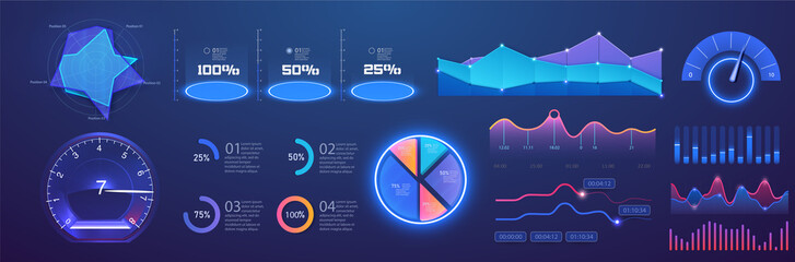 Futuristic neon infographic dashboard template with charts, diagrams elements, online statistics and data analytics. Information panel Mockup. UI, UX,KIT elements design. Vector infographics set.Admin - obrazy, fototapety, plakaty
