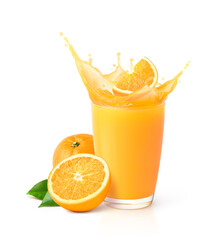 Glass of orange juice splash with orange sliced  isolated on white background.