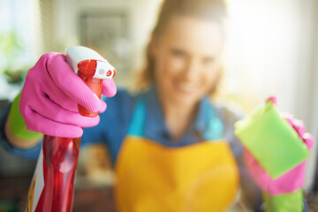 smiling woman with cleaning agent and sponge doing housework