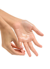 Woman cleaning hands with Alcohol Sanitize gel to prevent bacteria- Viruses- contagious disease- Covid-19 and Coronavirus- Isolated on white background