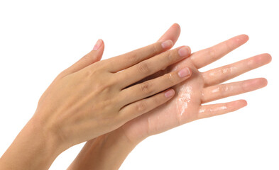 Woman cleaning hands with Alcohol Sanitize gel to prevent bacteria- Viruses- contagious disease- Covid-19 and Coronavirus- Isolated on white background