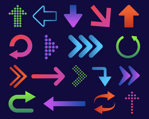 Set of colored arrows with halftone effect. Vector illustration. Arrows collection isolated.