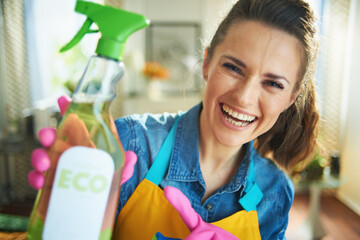 happy woman with cleaning agent at modern home in sunny day