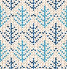 Christmas Scandinavian flat style white and blue knitted seamless pattern with trees