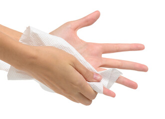 Woman drying hands with paper- Isolated on white background