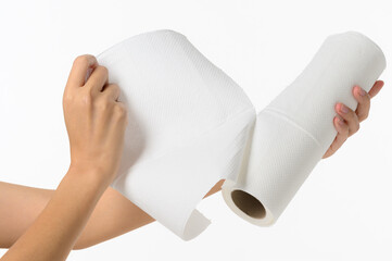 Woman hands tearing tissue paper-  Isolated on white background