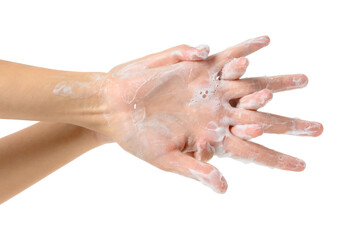 Woman Washing Hands with soap to prevent bacteria- Viruses- contagious disease- Covid-19 and Coronavirus- Isolated on white background
