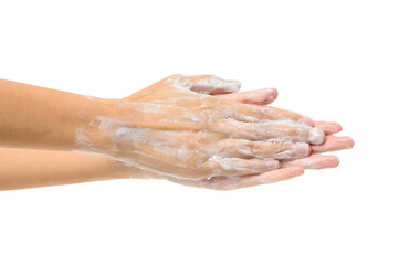 Fototapeta premium Woman Washing Hands with soap to prevent bacteria- Viruses- contagious disease- Covid-19 and Coronavirus- Isolated on white background