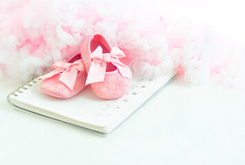 Pink baby's bootees close-up on notebook with space for your text