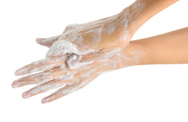 Woman Washing Hands with soap to prevent bacteria- Viruses- contagious disease- Covid-19 and Coronavirus- Isolated on white background