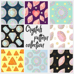 Fototapeta premium Seamless pattern of colorful jewels gemstones and crystals on black background.