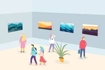 Vector illustration. Minimalist flat cartoon landscape. Group of people visit the exhibition with respect to social distance due to quarantine. Man and woman with face mask
