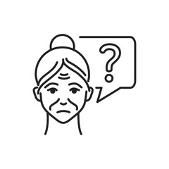 Old woman with speech bubble and question mark line black icon. Memory loss Brain disease alzheimer's. Decrease in mental human abilities. Sign for web page, mobile app, button, logo. Editable stroke.