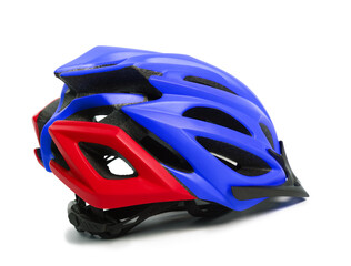 Blue and red bicycle helmet isolated on white