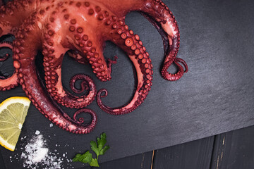 Boiled octopus on black stone background close-up. © Diana Vyshniakova