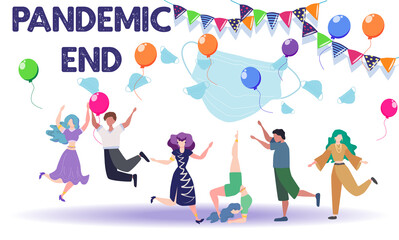 Fototapeta premium Concept of ending pandemic. People celebrate the end of quarantine, throw masks in the air. coronavirus epidemic covid-19. Banner. Ending quarantine. Quarantine canceled.