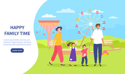 Happy family time in amusement park illustration concept with two adults and two children walking together holding hands. Poster or website page template with inscription and learn more button