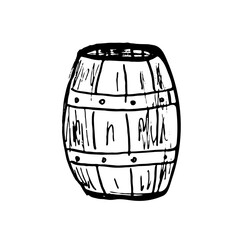 Wooden barrel.Hand drawn sketches gardening tools. Isolated elements equipment for agriculture in Doodle style. Vector illustration on a white background.