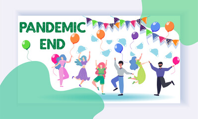 Concept of ending pandemic. People celebrate the end of quarantine, throw masks in the air. coronavirus epidemic covid-19. Banner. Ending quarantine. Quarantine canceled.