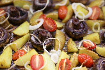 baked mushrooms champignons with potatoes and tomatoes