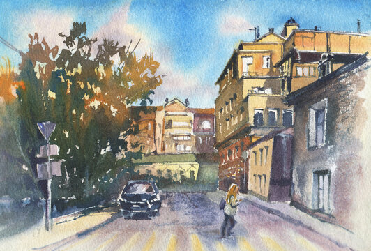 City landscape.  A sketch with watercolor.