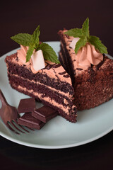 Delicious chocolate cake with cream filling and a sprig of mint on a plate.