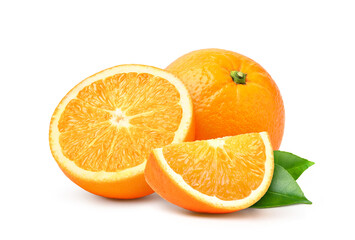 Natural orange fruit with cut in half and green leaves isolated on white background.