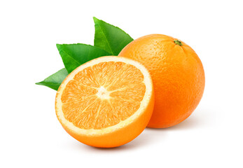 Natural orange fruit with cut in half and green leaves isolated on white background.