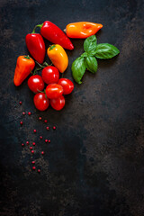 Close-up photo of fresh vegetables and spices. Top view on dark concrete table background