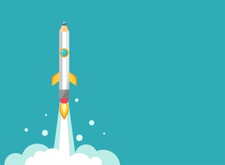 pencil rocket ship with fire. Isolated on powder blue. fantasy flat vector illustration with flying pencil.