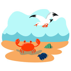 illustration of a bird, crab in the sand. sea side, summer beach